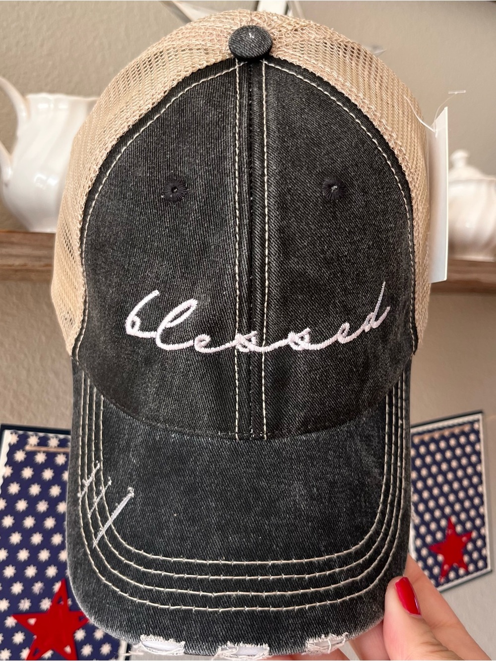 Katydid 'Blessed' Embroidered Trucker Cap - Black and Beige